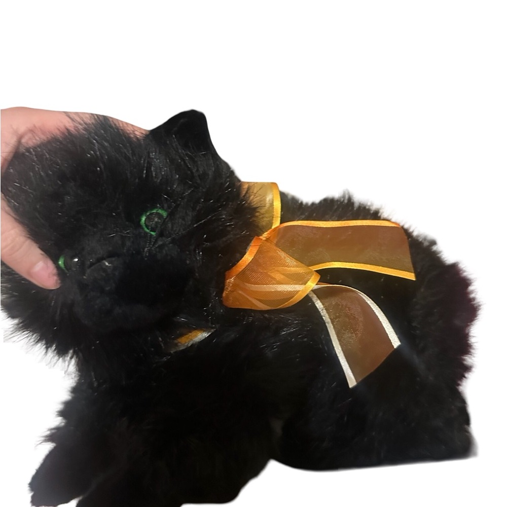Black Plush Cat Toy with Orange Ribbon Bow